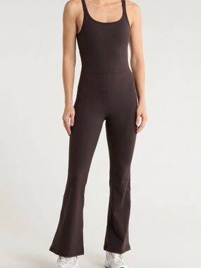 Yogalicious Ribbed Scoop-Neck Boot-Cut Jumpsuit in Dark Brown